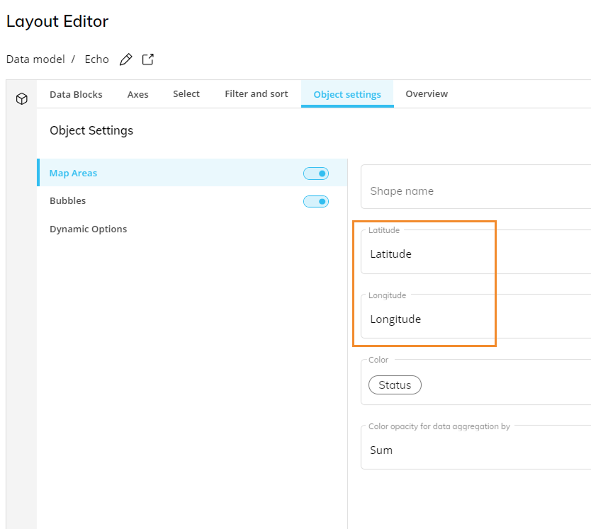 Object settings in layout editor highlighting latitude and longitude fields for configuration.